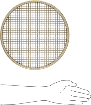 Image of Product. Side1 orientation. Contains SizingReference. Sieve for Large Material, Brass Frame, 12" Diameter x 3" Deep, 1/4" Opening Size.