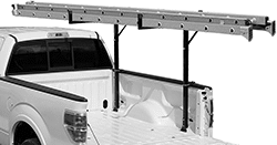 Image of ProductInUse. Style B Shown Mounted with a Ladder. Front orientation. Ladder Racks. Style B.