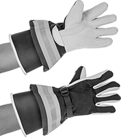 Image of ProductInUse. With Flame-Resistant Backing For Straight and Flare Cuff Gloves. Front orientation. Protectors for Gloves. For Straight Cuff, For Flare Cuff, Flame-Resistant Backing.