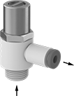 Image of Product. Front orientation. Contains Annotated. Air Flow Control Valves. Tamper-Resistant Air Flow Control Valves, NPT Male Inlet × Push-to-Connect Female Outlet.