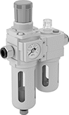 Image of Product. Front orientation. Compressed Air Filter/Regulator/Lubricators. Compressed Air Filter/Regulator/Lubricators (FRLs) with Push-to-Connect Fittings , Stacked Components.
