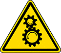 Image of Product. Front orientation. Labels. Machine and Equipment Operation ISO Labels , Rotating Gears, Pinch Point—Entanglement Hazard Symbol.