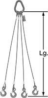 Image of Product. Front orientation. Contains Annotated. Slings. Wire Rope Slings with Hooks, 4 Legs.