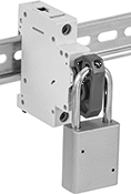 Image of ProductInUse. Style A (Padlock Not Included). Front orientation. Lockouts. Clamp-On DIN-Rail Mount Circuit Breaker Lockouts, Lockout Cover, Style A.
