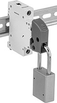 Image of ProductInUse. Style B (Padlock Not Included). Front orientation. Lockouts. Clamp-On DIN-Rail Mount Circuit Breaker Lockouts, Lockout Cover, Style B.