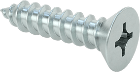 Image of Product. Front orientation. Zinc-Plated Steel Phillips Flat Head Screws, for Sheet Metal, Number 8 Size, 3/4" Long.