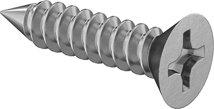 Image of Product. Front orientation. Zinc-Plated Steel Phillips Flat Head Screws, for Sheet Metal, Number 8 Size, 3/4" Long.