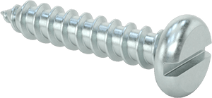 Image of Product. Front orientation. Zinc-Plated Steel Slotted Rounded Head Screws, for Sheet Metal, Number 10 Size, 1" Long.