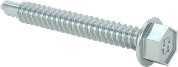 Image of Product. Front orientation. Flanged Hex Head Drilling Screw, Zinc-Plated Steel, 1/4" Size, 2" Long.