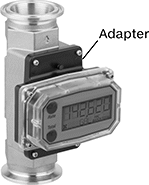 Image of Product. Shown with 90° Display
Adapter Kit. Front orientation. Contains Annotated. Flowmeters. Flowmeter/Totalizers with Sanitary Quick-Clamp Fittings.