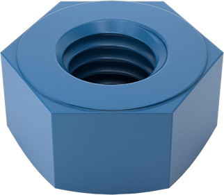 Image of Product. Bottom orientation. Blue PTFE-Coated Steel Heavy-Profile Hex Nut, 1/2"-13 Thread Size.