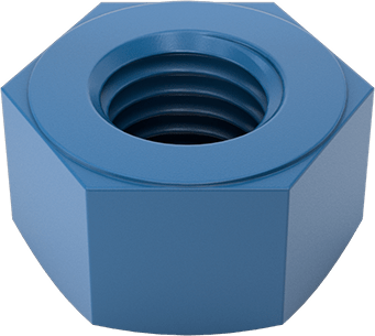 Image of Product. Bottom orientation. Blue PTFE-Coated Steel Heavy-Profile Hex Nut, 3/4"-10 Thread Size.