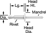 Image of Product. Nylon Mandrel. Front orientation. Contains Annotated. Nylon Mandrel. Plastic Blind Rivets.
