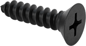 Image of Product. Front orientation. Flat Head Screws for Particleboard&Fiberboard, Black-Oxide Steel, Number 8 Size, 3/4" Long.