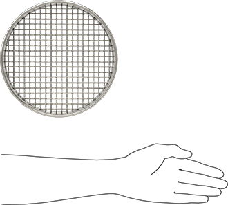 Image of Product. Side1 orientation. Contains SizingReference. Sieve for Large Material, 304 Stainless Steel Frame, 8" Diameter x 2" Deep, 5/16" Opening Size.