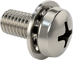 Image of Product. Front orientation. Stainless Steel Pan Head Screws, with Internal-Tooth Washer, M3 x 0.5 mm Thread, 6 mm Long.