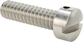 Image of Product. Front orientation. Wire-Lockable Rounded Head Screws, 6-32 Thread Size, 1/2" Long.