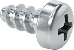 Image of Product. Front orientation. Phillips Rounded Head Thread-Forming Screws, for Plastic, Zinc-Plated Steel, M3 Size, 6 mm Long.
