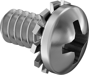 Image of Product. Front orientation. Steel Pan Head Screws, with External-Tooth Lock Washer, 6-32 Thread, 1/4" Long.