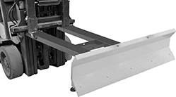 Image of ProductInUse. Shown Installed on Forklift. Front orientation. Forklift Plows.