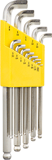 Image of Product. Front orientation. Stubby Angled-Drive Ball-Tip Hex L-Key Set, 13 Pieces, Long Length, Single Ball, Chrome Plated Alloy Steel.