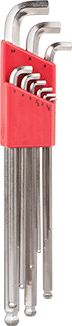 Image of Product. Front orientation. Stubby Angled-Drive Ball-Tip Hex L-Key Set, 9 Pieces, Extra Long Length, Single Ball, Chrome Plated Alloy Steel.