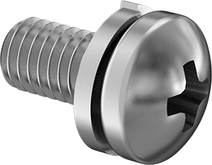 Image of Product. Front orientation. Zinc-Plated Steel Pan Head Screws, with Split Lock Washer, M3 x 0.50 mm Thread Size, 6 mm Long.