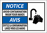 Image of Product. Front orientation. Signs. Hand-Washing Signs, Notice—Avoid Contamination Wash Your Hands/Avis—Évitez La Contamination Lavez-Vous Les Mains (English/French).