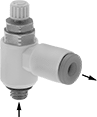 Image of Product. Front orientation. Contains Annotated. Air Flow Control Valves. Elbow Corrosion-Resistant Air Flow Control Valves, BSPT Male Inlet × Push-to-Connect Female Outlet.