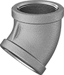 Image of Product. Female. Front orientation. Pipe and Fittings. Premium Low-Pressure Stainless Steel Threaded Pipe Fittings, 45° Elbow Connectors, Threaded Fitting Connection, Female.