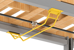 Image of ProductInUse. Guard for 2 Beams Shown Installed. Front orientation. Fire Sprinkler Head Guards. Rack-Mount Fire Sprinkler Head Guards, Screw On, .