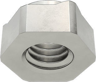 Image of Product. Bottom orientation. Steel Screw-Locking Hex Weld Nuts, 3/8"-16 Thread Size, 5/8" Wide.