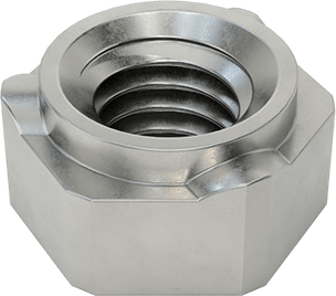 Image of Product. Bottom orientation. Steel Screw-Locking Hex Weld Nuts, 3/8"-16 Thread Size, 5/8" Wide.