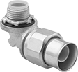 Image of Product. Twist-In × Threaded. Front orientation. Conduit and Fittings. Liquid-Tight Flexible Plastic (LFNC-A) Conduit and Fittings, Connector Fitting, 90° Elbow, Twist-In Conduit Connection × Threaded Knockout Connection.