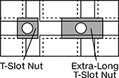 Image of ProductInUse. T-Slot Nut and Extra-Long T-Slot Nut Shown Installed Within Cross-Slot. Front orientation. CrossSection view. Contains Annotated, Border. T-Slot Nuts. Extra-Long T-Slot Nuts.