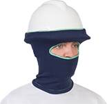 Image of ProductInUse. Covers Ear, Face, Nape, and Neck. Front orientation. Hard Hat Windsocks. Cold-Protection Hard Hat Windsocks.