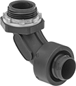 Image of Product. Twist-In × Threaded. Front orientation. Conduit and Fittings. Ultra-Flexible Plastic (MPT) Conduit and Fittings, Connector Fitting, 90° Elbow, Twist-In Conduit Connection × Threaded Knockout Connection.