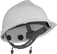 Image of Product. Installed in Hard Hat (Not Included). Front orientation. Earplugs. Retractable Earplugs for Hard Hats .
