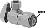 Image of Product. Front orientation. Contains Annotated. Water Supply Stop Valves. Quarter-Turn Water Supply Stop Valves for Plumbing Fixtures, Push-to-Connect Inlet Connection × Compression Outlet Connection, 90° Elbow.