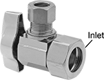 Image of Product. Front orientation. Contains Annotated. Water Supply Stop Valves. Quarter-Turn Water Supply Stop Valves for Plumbing Fixtures, Compression Inlet Connection × Compression Outlet Connection, 90° Elbow.