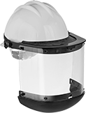 Image of ProductInUse. Solid Lens with Bracket and Chin Guard (Hard Hat Sold Separately). Front orientation. Face Shields. Hard-Hat Mount Face Shields.
