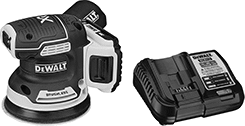 Image of Product. Sander with Battery and Charger. Front orientation. DeWalt. Cordless Swirl-Free Disc Sanders, Batteries Included, Battery Charger Included.