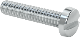Image of Product. Front orientation. Zinc-Plated Steel Narrow Cheese Head Slotted Screw, M1.6 x 0.35 mm Thread, 8 mm Long, 3 mm Head Diameter.
