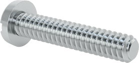 Image of Product. Back orientation. Zinc-Plated Steel Narrow Cheese Head Slotted Screw, M1.6 x 0.35 mm Thread, 8 mm Long, 3 mm Head Diameter.