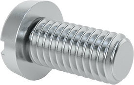 Image of Product. Back orientation. Zinc-Plated Steel Narrow Cheese Head Slotted Screw, M5 x 0.8 mm Thread, 10 mm Long, 8.5 mm Head Diameter.