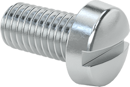 Image of Product. Front orientation. Zinc-Plated Steel Narrow Cheese Head Slotted Screw, M5 x 0.8 mm Thread, 10 mm Long, 8.5 mm Head Diameter.