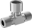 Image of Product. Male x Female x Male. Front orientation. Pipe and Fittings. High-Pressure Brass and Bronze Threaded Pipe Fittings, Inline Tee Adapters, Female, Male, Threaded Fitting Connection, Square Body.
