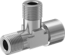 Image of Product. Male x Male x Female. Front orientation. Pipe and Fittings. High-Pressure Brass and Bronze Threaded Pipe Fittings, Right Angle Tee Adapters, Female, Threaded Fitting Connection, Male, Square Body.