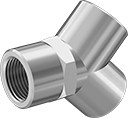 Image of Product. Female. Front orientation. Pipe and Fittings. High-Pressure Brass and Bronze Threaded Pipe Fittings, Wye Connectors, Threaded Fitting Connection, Female, Hex Body.