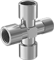 Image of Product. Female x Male x Female x Female. Front orientation. Pipe and Fittings. High-Pressure Brass and Bronze Threaded Pipe Fittings, Cross Adapters, , Male, Female, Threaded Fitting Connection, Square Body.